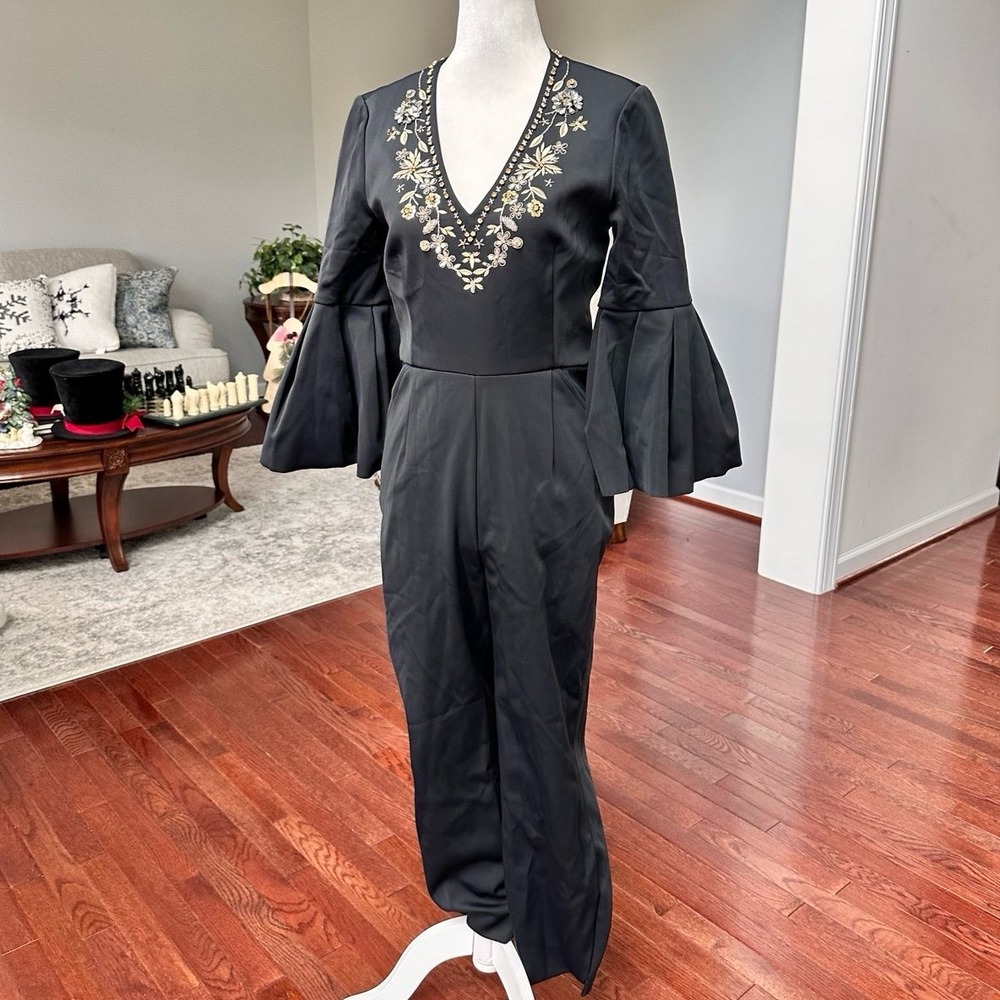 Ted Baker Black Embellished V Neck Quarter Sleeve Pants Jumpsuit Size 2